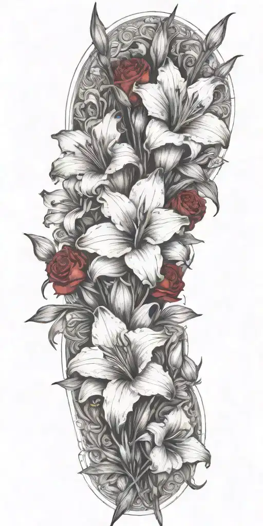 Gladiolous Flowers Grouped With Red Roses Together