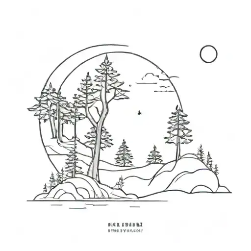 A Minimalist Tattoo Of A Serene Forest With A Crescent Moon Shining Above