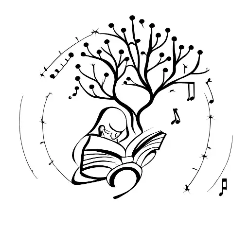 A Silhouette Of A Person Reading A Book Under A Tree With Branches Shaped Like Musical Notes