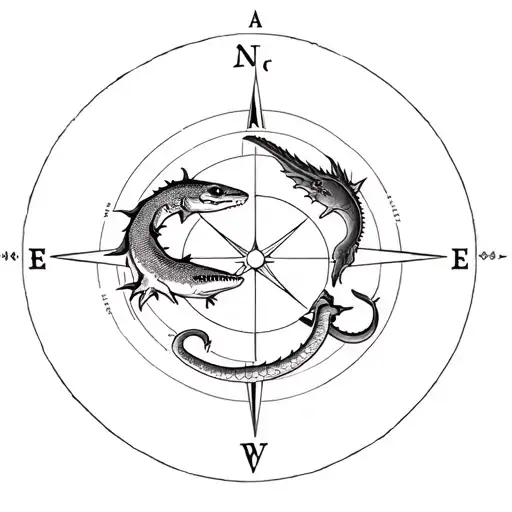 Mouse And Lizard And Shark And Dragon In A Compass