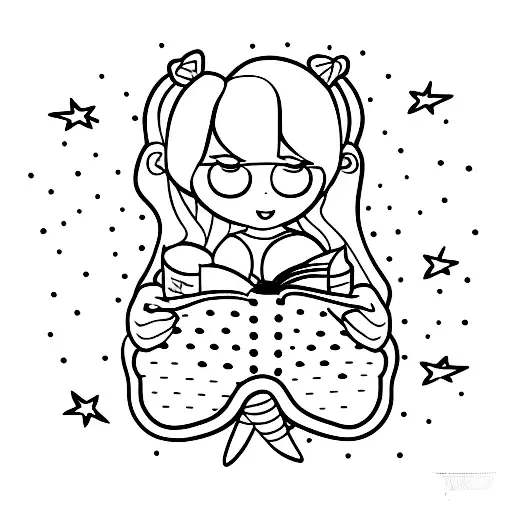 Girl Reading Book With Lights Around Her Cartoon