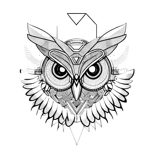 A Robot Owl Head And Wings With Lots Of Geometrics Details Divided By A Vertical Line In The Middle