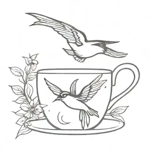 A Minimalist Tattoo Of A Coffee Cup With A Swallow Perched On The Rim