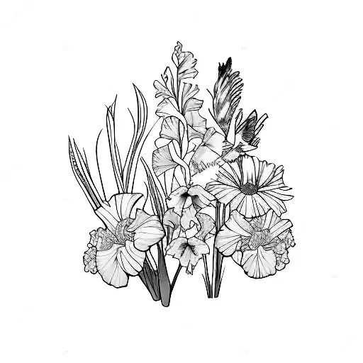 Gladiolus And Chrysanthumun With Bird