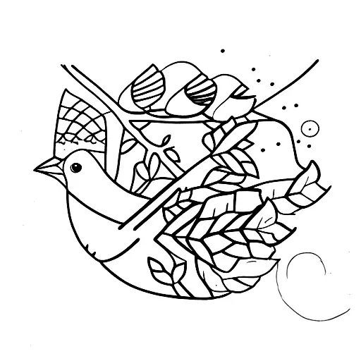 1 Big Bird And 4 Small Birds On A Branch And 1 Big Bird Flying