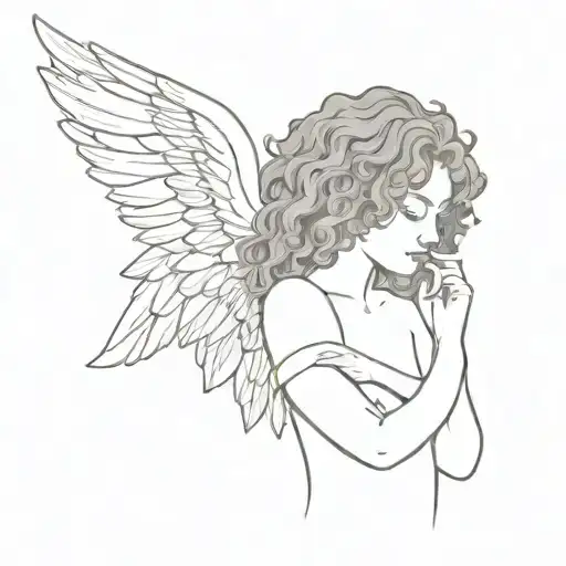 Curly Hair Girl With Angel Wings Spread Wide