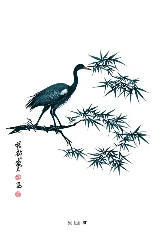 Crane Perched And Bamboo Forest
