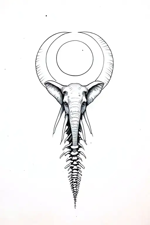 Spine Tattoo Featuring Elephant Head And The Moon