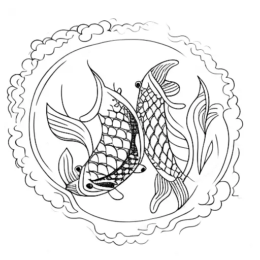 Two Koi Fish In The Center With Honey Suckle Flowers Above And Below The Fish Creating A Line