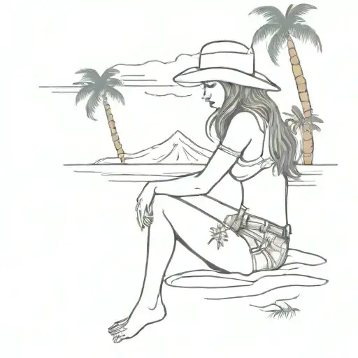 Sexy Petite Cowgirl Sitting In Beach With Palm Trees