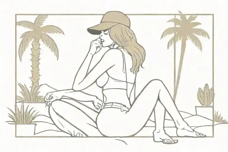 Sexy Western Girl Sitting On A Desert Beach With A Palm Tree And Cactus In The Background