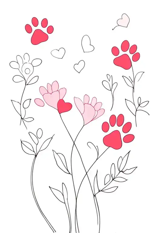 Line Of Flowers And Hearts Pattern With Paw Print Merged Into The Line