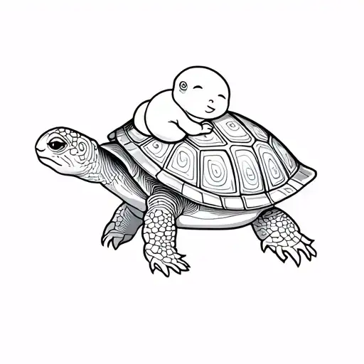 A Turtle With A Baby On Its Back