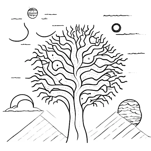 A Sketch Style Tattoo Of A Tree With Roots Spreading Across Different Planets