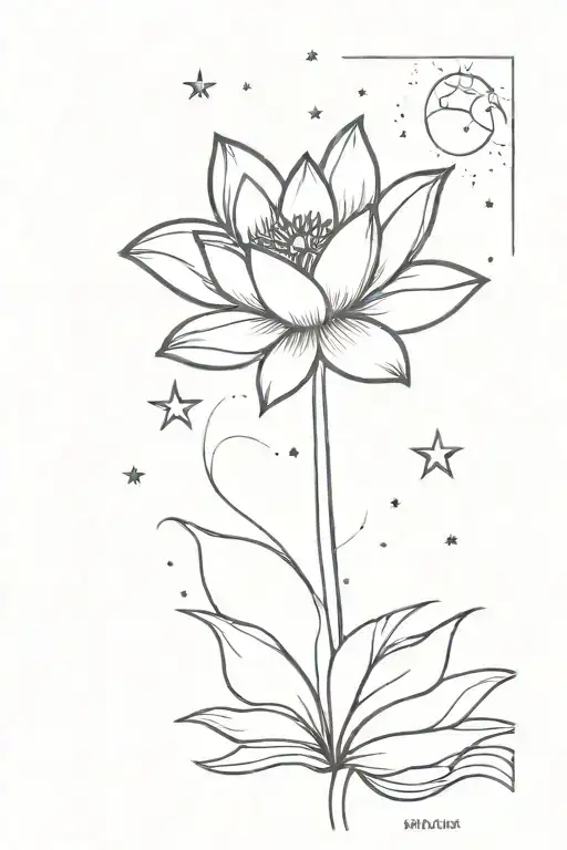 A Minimalist Design Of A Lotus Flower Blooming Under A Starry Night Sky On The Beach