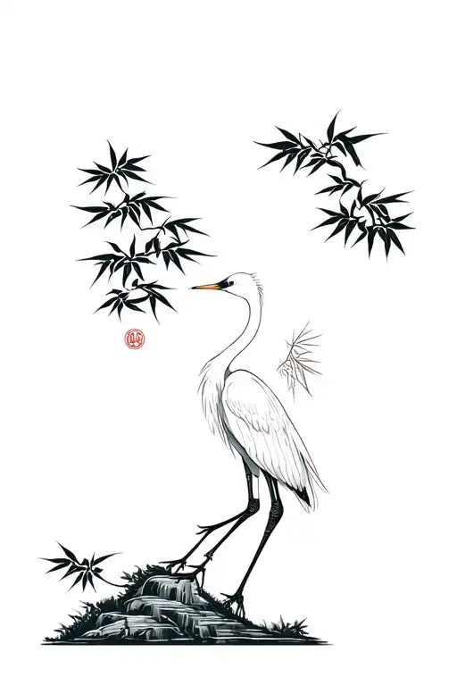 Crane Perched And Bamboo Forest