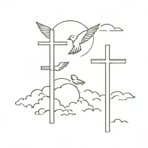Three Crosses Next To Eachother With Clouds In The Back And A Dove In The Clouds