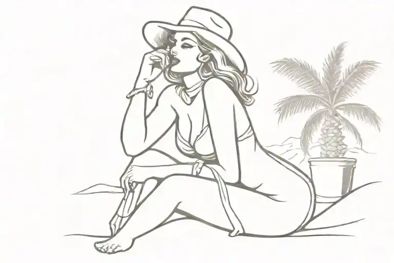 Sexy Pinup Western Girl Sitting On The Beach With A Palm Tree In The Background