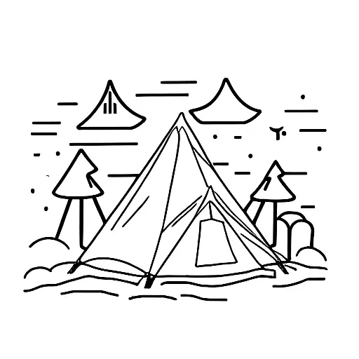 A Minimalist Tattoo Of A Camping Tent Surrounded By Trees And A Campfire