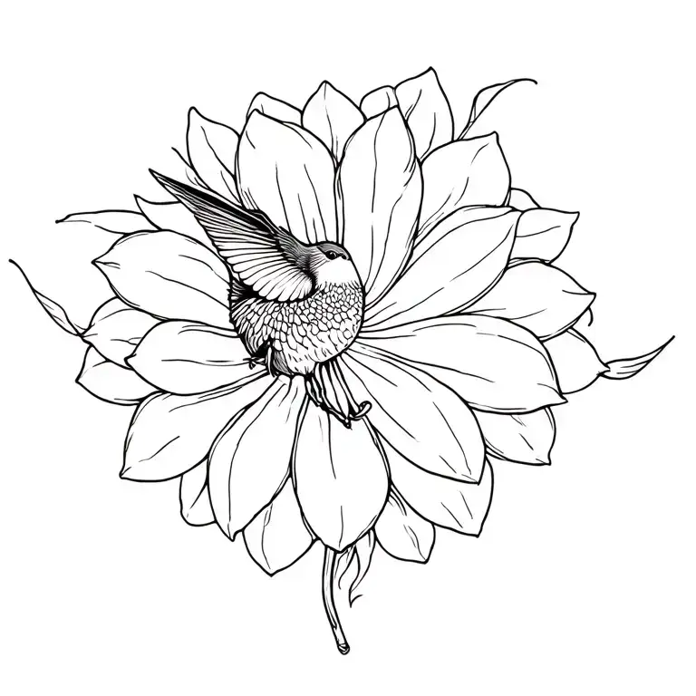 Dahlia With Simple Flying Hummingbird Surrounded