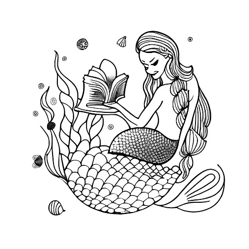 A Mermaid Reading A Book Surrounded By Seashells And Beautiful Flowers