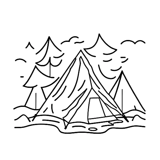 A Minimalist Tattoo Of A Camping Tent Surrounded By Trees And A Campfire