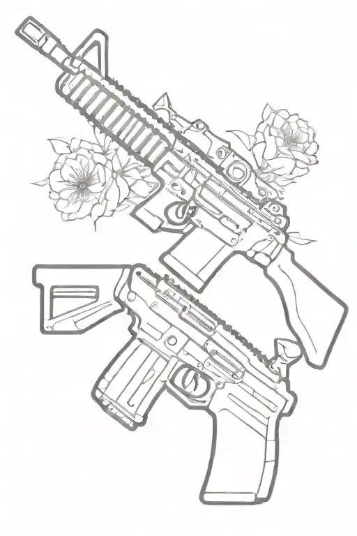 Spinal Tattoo Line Art Drawing Of A Ar15 Rifle With Flower Coming Out Of The Barrel