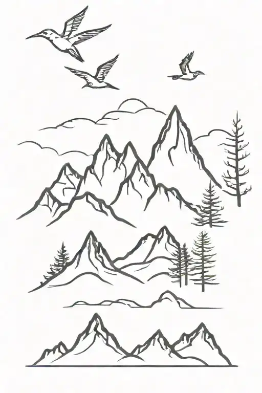 4 Mountain Peaks And 5 Trees Or Birds