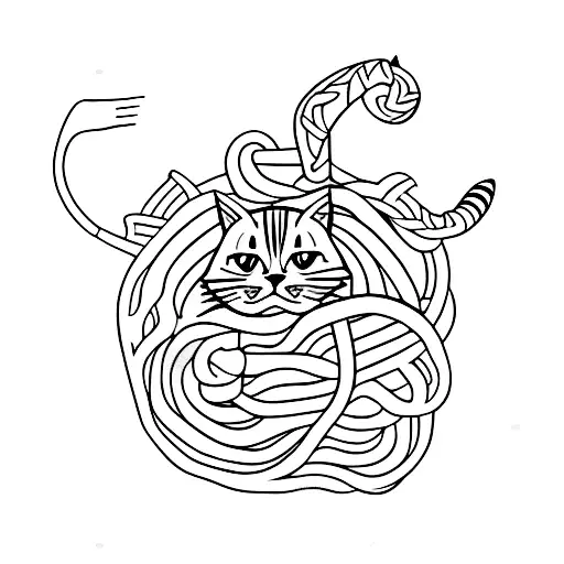 A Traditional Tattoo Of A Cat Knitting With Snake-like Yarn
