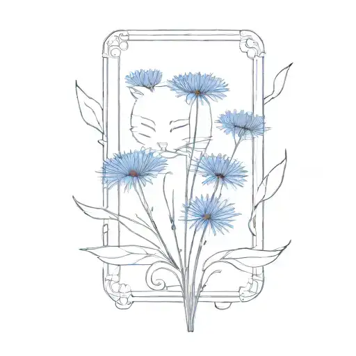 A Minimalist Tattoo Of A Cat With A Cover Made Of Cornflowers