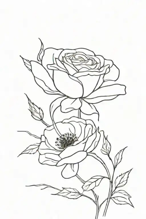 Single Line Drawing In Black An White Of A Rose And A Poppy