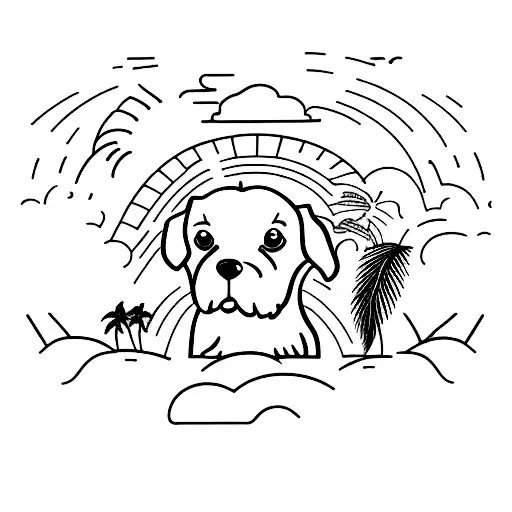 A Minimalist Tattoo Of A Dog And A Cat Playing Together On A Beach With Palm Trees In The Background