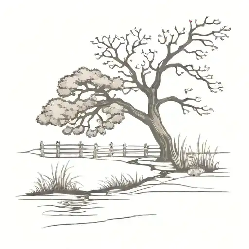 Oak Tree With Stream And Fence