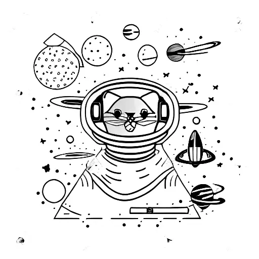 A Minimalist Tattoo Of A Funny Cat Wearing A Space Helmet Floating Among Planets And Stars