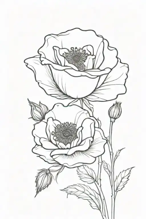 Single Line Drawing In Black An White Of A Rose And A Poppy