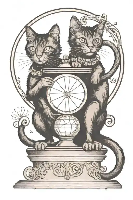 2 Headed Black Traditional Cat With 2 Tails Standing Tall On A Crystal Ball And Swatting At The Air