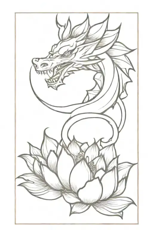 Dragon And Lotus Tattoo In Ink Style
