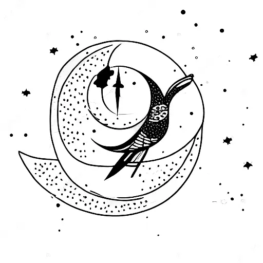 A Cat And A Hummingbird Sitting On A Crescent Moon With Cancer Constellation In The Background