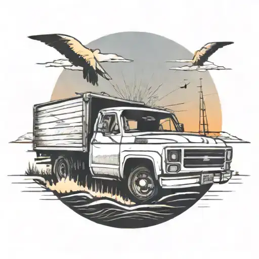 Sunset With Truck In The Middle