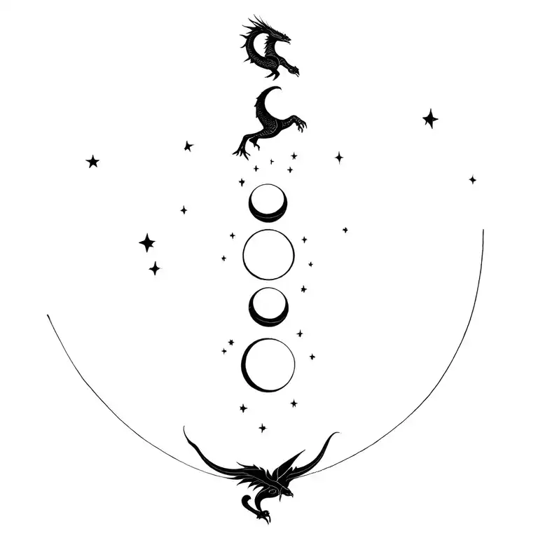 Dragon Flying Up And Above Him Are 5 Moon Phases And Stars