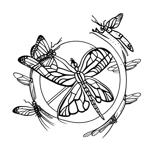 A Dragonfly And A Monarch Butterfly Flying Together Above A Bookshelf