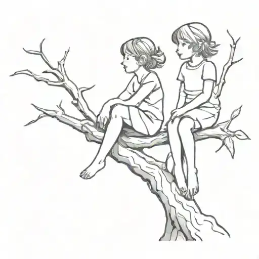 Two Small Girls Sitting On Tree Branch