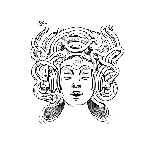 A Minimalist Tattoo Of A Medusa Head Wearing Headphones
