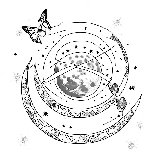 Cresent Moon With The Nothern Stars And Two Butterflies