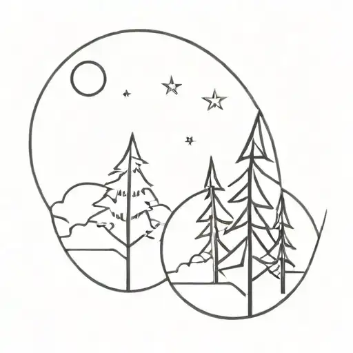 Three Pine Trees With Waning Gibbous Moon