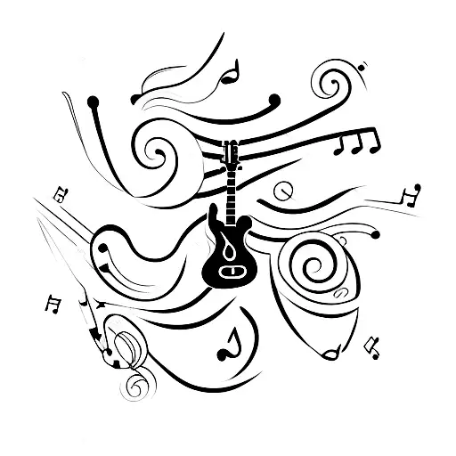 A Minimalist Tattoo Of A Guitar With Musical Notes Swirling Around It