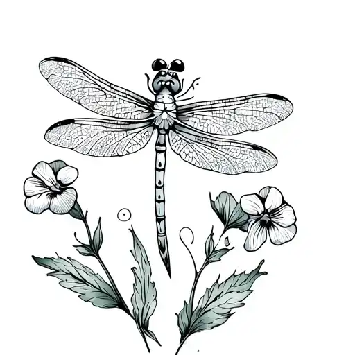 Lineart Of A Dragonfly With Pansy Flowers