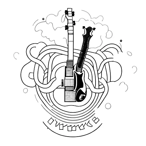 A Blackwork Tattoo Of A Guitar With Ethernet Cables Entwined Around It