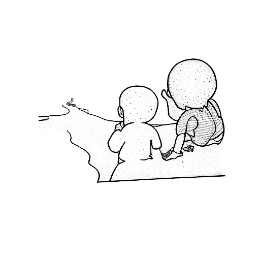 A Polaroid Of A Man And A Child Pointing At Each Other At The Beach