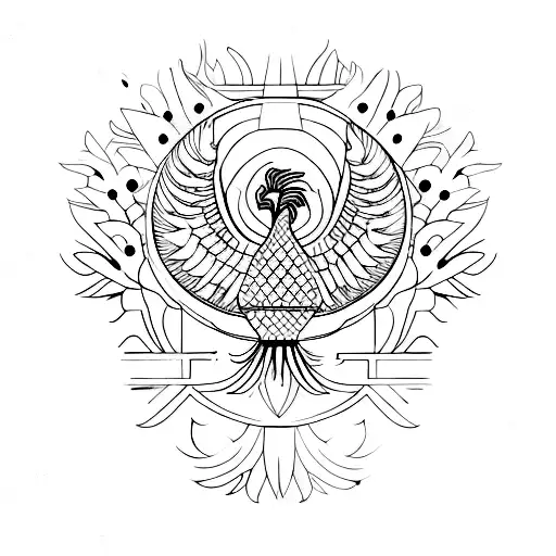 A Geometric Phoenix Surrounded By Flowers